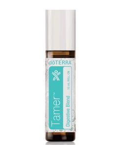A cylindrical bottle of dōTERRA Tamer® Supportive essential oil blend, featuring a teal label with floral accents and a white cap, isolated on a white background.